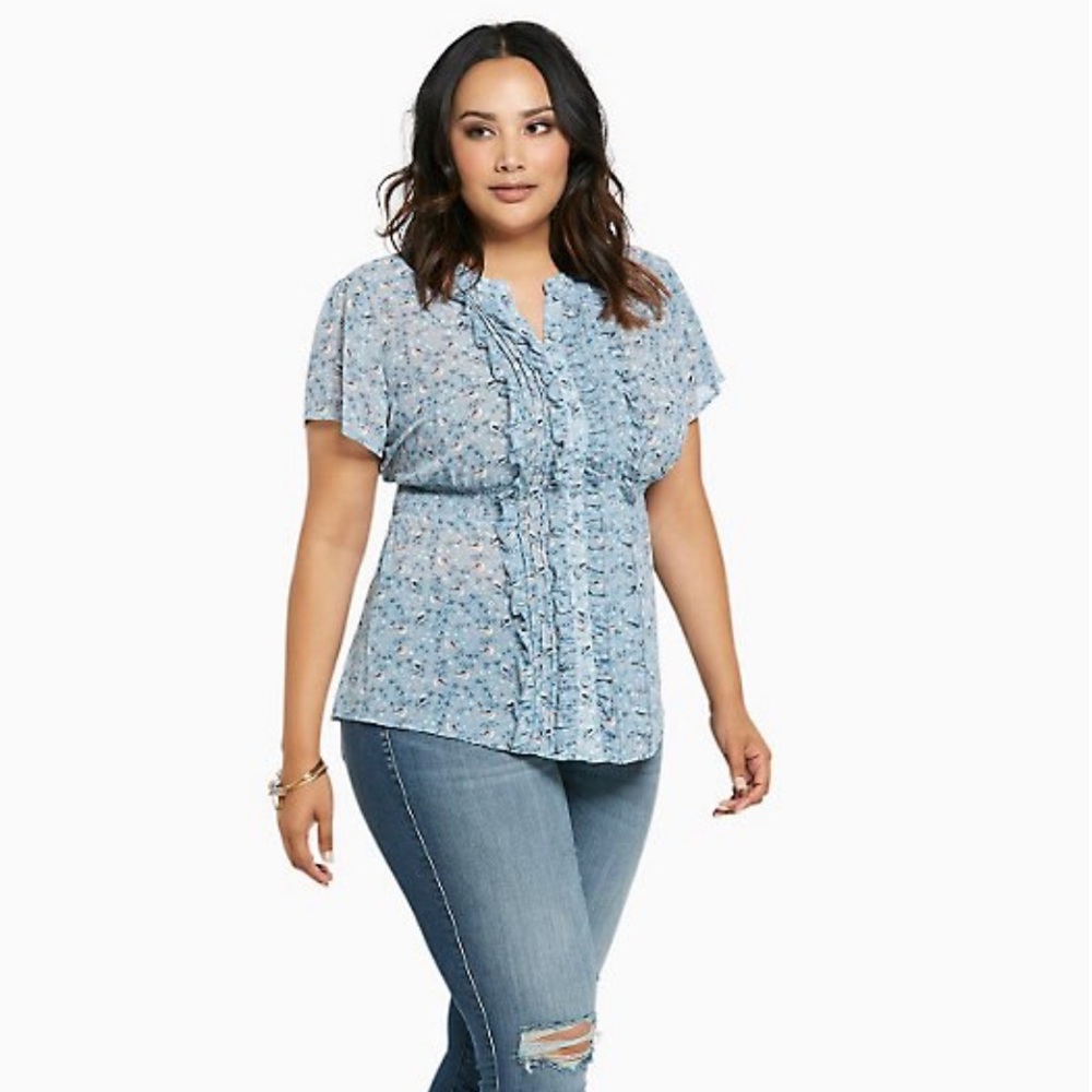 BIRD PRINT CHIFFON SMOCKED BLOUSE